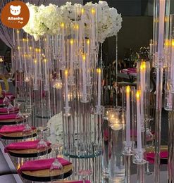 Party Decoration Whole 10 Arms Long Stemmed Modern Clear Acrylic Tube Hurricane Crystal Candle Holders Wedding Table Centerpie8504268