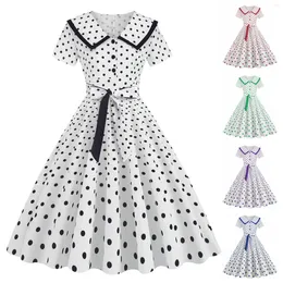 Casual Dresses Turn-Down Collar Slim Dot Printed Vintage Women Dress Elegant Short Sleeve High Waist Female Spring Summer