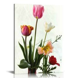 Wall art picture tulip flowers in different Colours modern canvas print artwork framed poster suitable for office home decoration can be hung directly