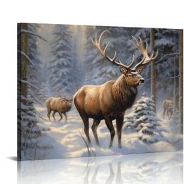 Wall Art, Fiber Optic Wall Decor, Battery Operated Nature Canvas Print, Light Kitchen, Bedroom, or Home Decor, Elk in Snow