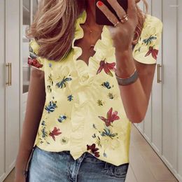 Women's Blouses Commuter Style Blouse Lady Summer Top Floral Print V-neck Ruffle Sleeve Soft Loose-fit For Dating Party Wear