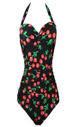 2016 Summer Swimwear Sexy Vintage Floral Print Monokini Cherry Swimsuit Halter Push up One piece Bathing suit Plus Size XXXL MX2006836345