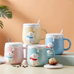 Mugs European Ceramic Creative Cute Embossed Bear Coffee Mug With Lid And Spoon Cartoon Milk Breakfast Cup Porcelain Office Teacups