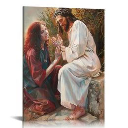 Cynken Jesus Christ and Girl Canvas Wall Art Religious Spiritual inspirational Motivational Portrait Poster Artwork Modern Home Decorations Framed Ready to Hang,
