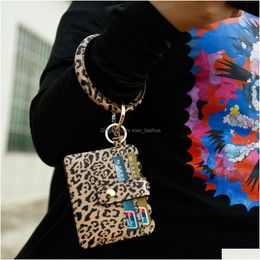 Key Rings S1564 Women Girls Leopard Pu Leather Bracelet Ring Bangle Keyring Tassel Circle Keychain Wristlet Keyrings With Card Wallet Dhtxw