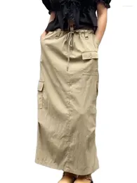 Skirts Y2k Midi Women Pockets Loose Retro Cargo Skirt Korea Fashion E Girl Punk Chic Streetwear Drawstring