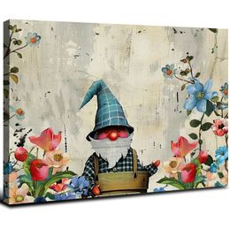 Floral tulip art painting print on canvas, hanging canvas picture, wall art for living room bedroom kitchen, cute gnome with spring flowers and birds