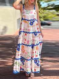Casual Dresses Women'S Long Camouflage Dress With Sleeveless Backless Square Neck A-Line Flower Blue Border Loose Changsha Beach Skirt