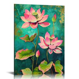 Lotus Water Lilies Wall Art Canvas Print Decoration Artwork Pink Flowers Home Decor Black Frame Easy to Hang for Living Room Bedroom and Office Home Kitchen Artwork