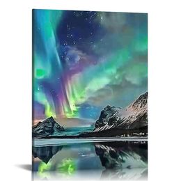 Nordlichter Bilder Dekor Wandkunst Aurora Sky Lake Nacht Landschaft Leinwand Druck für Wohnzimmer Schlafzimmer Badezimmer Bürowand