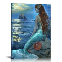 Dekoracje ścienne niebieskie ocean ściany artystyczne dekoracje sypialni dla kobiet księżyc noc malowanie ścian Malowanie skorupy na płótnie Rozmiar „16x20”