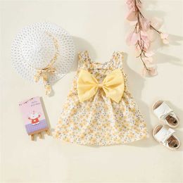 Girl's Dresses Summer baby girls dress back bow garden small floral suspender knee-length daily skirt cap H240527 2C08