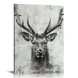 Deer Canvas Wall Art Rustic Elk with Big Antlers Painted Animal Head Picture Grey and White Hunting Artwork Painting for Living Room Home Office Decorations