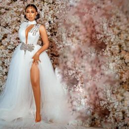 2021 Wedding Dresses for Bride High Neck Side Split Sweep Train Illusion Bodice Crystal Beads Chapel Garden Bridal Gowns vestidos de no 213b