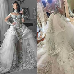 Vestidos de noiva de cristais de luxo com trem destacável de colarinho alto vestido de noiva comprido Dubai árabe Dubai Vintage Vestido de Novia 161h