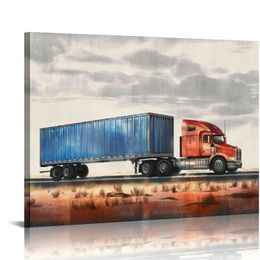 Semi Truck Canvas Wall Art Framed Transportation Semi Trailer Container Painting Print Watercolor Boy Nursery Vehicles Art Canvas Home Wall Decor Gift