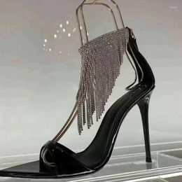 Sandals Bling Rhinestone Fringe Pointed Toe High Heel Summer Shoes For Women Thin Open Tassel Hollow Party Pumps Ladies