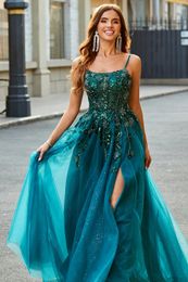 Spaghetti Straps Long Tulle Prom Dresses 2024 Sexy Side Slit Glitter Evening Gowns Lace Appliques Sleeveless Hunter A-line Special Occasion Dress For Women
