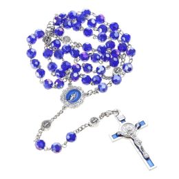 10mm Acrylic Bead Rosary Necklace Vintage Weave Catholic Religious Cross Jesus Pendant Necklaces for Men Women Jewellery Charm