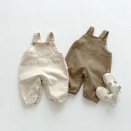 Summer Fashion Boy Girl Baby Ins Solid Pocket Loose Overalls Newborn Simple Casual Suspemder Jumpsuit Children Cotton Thin Pants L2405