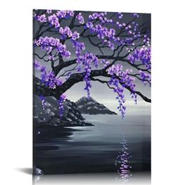 Purple Plum Blossom Flower Print on Canvas Black and White Full Moon on Sea Ocean Wall Art Abstract Modern Seascape Artwork for Home Decoration
