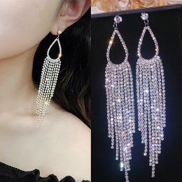5 Colours Luxury Full Rhinestone Crystal Tassel Earrings for Women Bijoux Korean Long Drop Dangle Earrings Wedding Jewellery Gifts