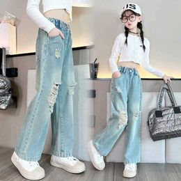 Trousers Spring Autumn Teenage Girls Denim Wide Leg Pants Children Straight Ripped Trousers Medium Girls Loose Breathable Solid Jeans Y240527