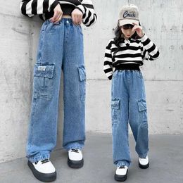 Jeans Jeans Blue Pocket Design Youth Goods Pants Casual Straight School Children Trousers Fashion Girls Goods Pants Spring WX5.27