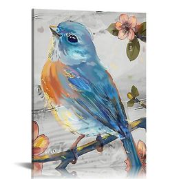 Голубая цветочная птица холст стены искусство абстрактное птицы на дереве ветвь животные серо