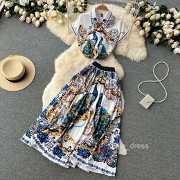 Ethnic style high-end printed short shirt top for summer women 2022 high waisted A-line skirt two-piece set