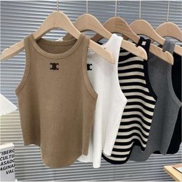 Designer Womens Tank Tops T Shirts Luxury Summer Women Tees Crop Top Embroidery Sexy Off Shoulder Black Casual Sleeveless Backless Stripe Colour Vest