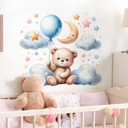 Wall Decor Watercolor Cartoon Teddy Bear Cloud Stars Balloon Wall Stickers for Kids Room Baby Room Decoration Wall Decals Room d240528