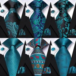 Hi-Tie Silk Tie For Men Elegant Mens Teal Blue Necktie Pocket Square Cufflink Groom Wedding Accessory Wholesale Designer 240528