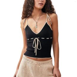 Women's Tanks Fairycore Y2k Slim Knit Camisole Contrast Color Tie-Up Spaghetti Strap Show Navel Cropped Tops For Summer Dailywear
