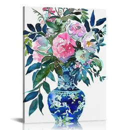 Wall Art Ginger Jar Bouquets Watercolor Chinoiserie Decor Canvas Print Floral Botanical Poster Vase Roses Painting Porcelain Blue White Jar Pictures
