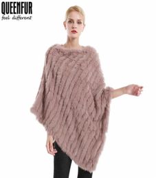 QUEENNFUR Winter Real Fur Poncho For Women Natural Knit Rabbit Fur ONeck Shawls Fashion Warm Cape308V8910726