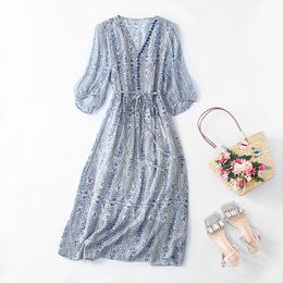 2024 Summer Blue Floral Print Panelled Dress 1/2 Half Sleeve V-Neck Silk Midi Casual Dresses C4A2390288