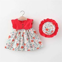 Girl's Dresses 2Pcs Summer Girls Baby Sleeveless Dress With Flower Print Splice Infant Pastoral Style Girl ldrenS Clothing+Gift Hat H240527 IIBK