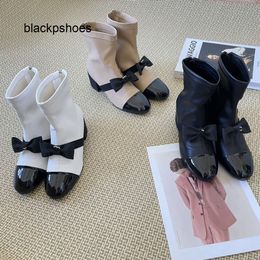 Channel CF Chanells Crystal Heels Bow Ankle Interlocking c Buckle Booties Boots Patent Cap Toe Black Beige Mid Calf Upper Slim Zip Boot Women Lady Designer Dress Shoes