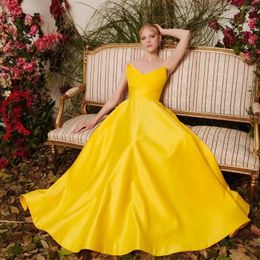 Party Dresses Yellow Satin Prom Sleevesless Birthday Vestidos Novia Wedding Guest Maxi Gown Bride Celebrity Dress