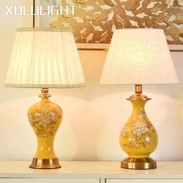 Table Lamps Ceramic Lamp Living Room Bedroom Bedside Home Decoration Floral Retro Lighting Yellow Remote Control Desk