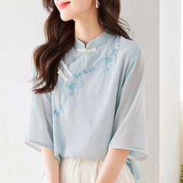 Women's Blouses Cotton Linen Floral Shirts Summer 2024 Embroidery Chinese Style Loose O-Neck Top Ladies Clothing YCMYUNYAN