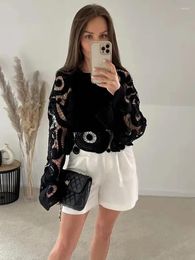 Women's Blouses Crochet Knitting Blouse Women Hollow Elegant Woman Long Sleeve Shirts For Fashion 2024 Streetwear Casual Top