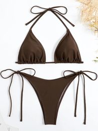 Women's Swimwear Sexy Brown Bikini 2024 Women Solid Red Halter Push Up Bra Tie Side Triangle Swimsuit Summer Bathing Suit Lace Micro