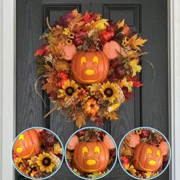Decorative Flowers & Wreaths 2021 Fall Pumpkin Wreath For Front Door With Pumpkins Artificial Maples Sunflower Autumns Harvest Holiday 3545