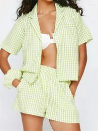 Women's Tracksuits 2 Piece Sets Plaid Loungewear Short Sleeve Lapel Shirts Tops And Shorts Ladies Summer Casual 2Pcs