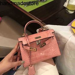 Genuine KY Designer Handbags Women Second Straight Generation Pink Crocodile Leather Bag Fashion Bag Diagonal Shoulder Bag