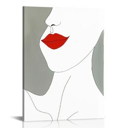 Abstract Woman One Line Fashion Silhouette with Red Lips - 16x20 UNFRAMED Black and White Art Print of Nordic Modern Contemporary Female Form Line Drawing Wall Decor
