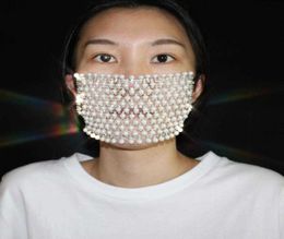 2020 Shiny Rhinestone Pearl Face Mask Decorations for Women Bling Elasticity Crystal Cover Face Jewellery Cosplay Decor Party Gift Q7360364