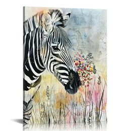 Dzikie Zebras Canvas Wall Art: Czarno -biały Zebra Picture Wild Animal Artwork Wildlife Malowanie nadruku do łazienki (16x20)